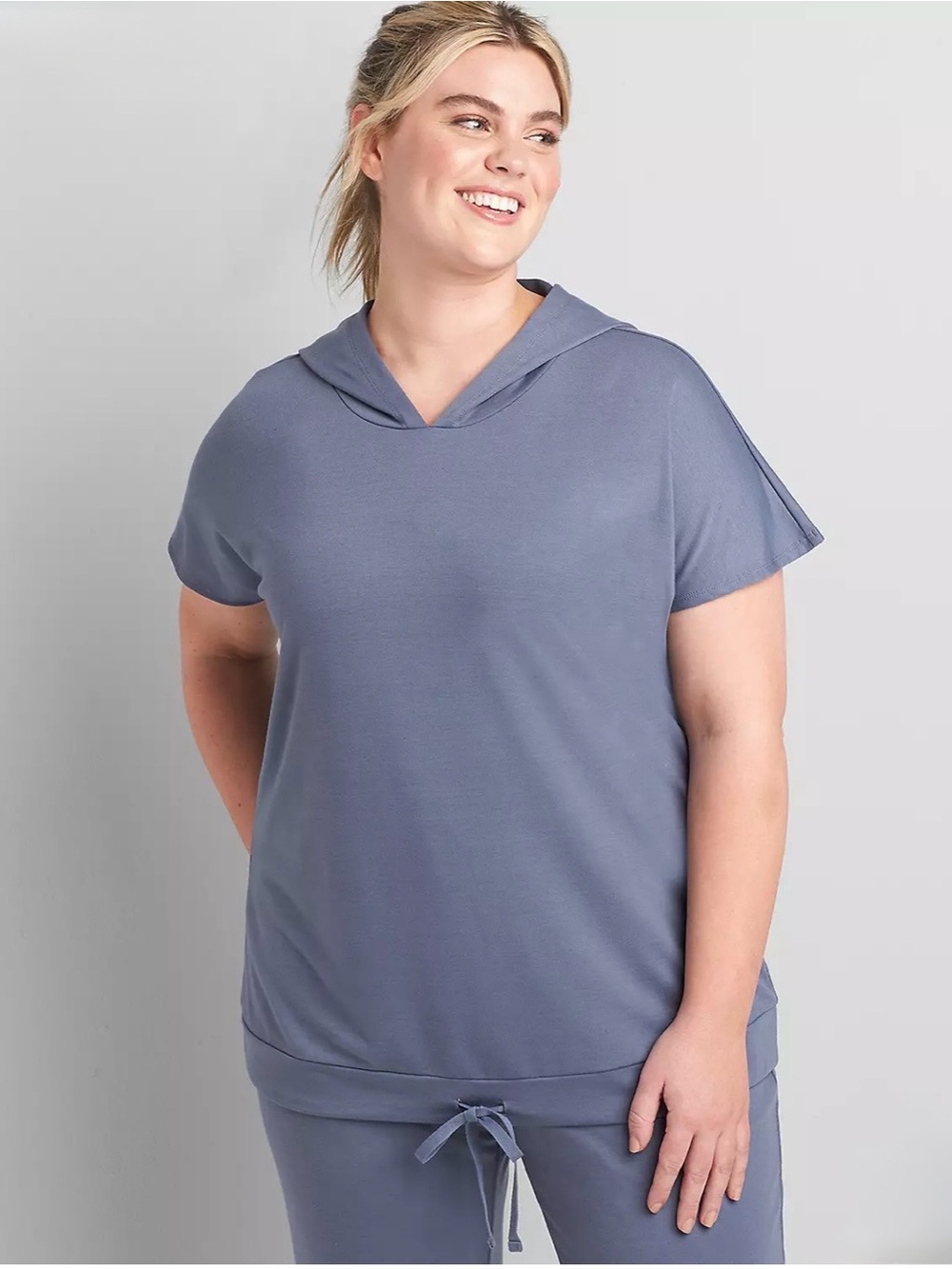 LIVI Active Dust Blue Lane Bryant Short-Sleeve Hoodie With Tie Hem sz 18/20